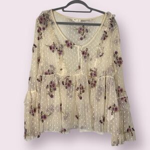Skylar & Jade Cream Sheer Swiss Dot Embroidered Purple Floral Ruffle Blouse 1X